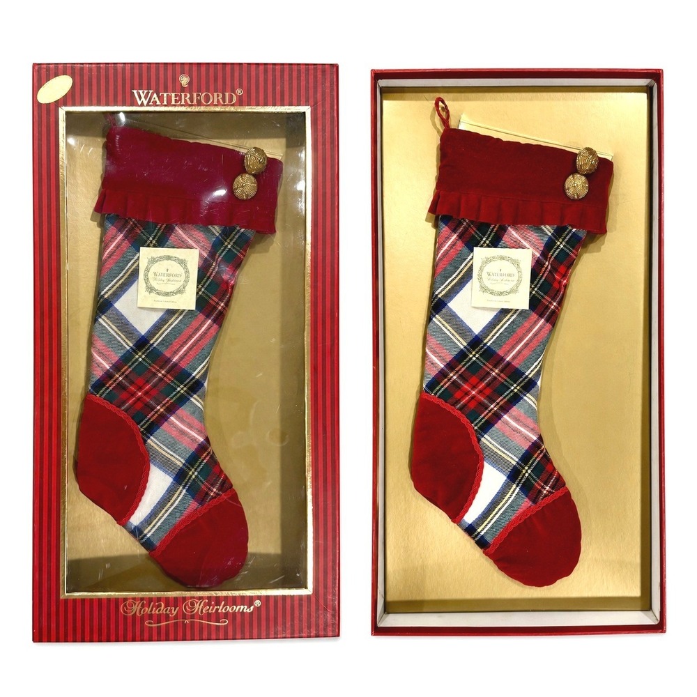 Pair Waterford Holiday Heirloom White Stewart Plaid Wool Christmas Stockings 17"